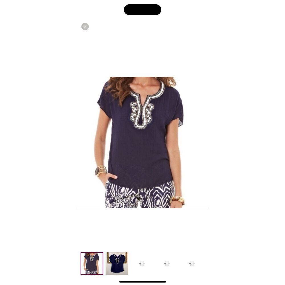 Lilly Pulitzer Valencia Top Women's Navy Blue Beaded Neckline Short Sleeve Sz M